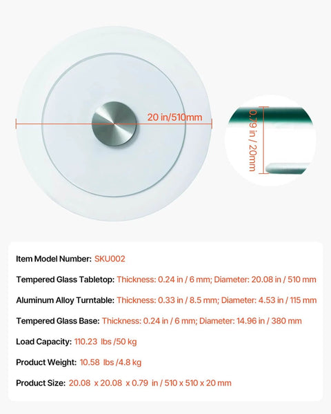 Top view of 20 Inch Glass Lazy Susan Turntable, Round Clear Tempered Glass Rotating Tray with dimensions.