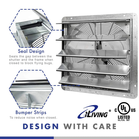 20 Inch Wall Mounted Shutter Exhaust Fan With Automatic Shutter And Variable Speed Controller Thermostat 3368 CFM For Up To 5000 Sq Ft Coverage Silver Heavy Duty Industrial Ventilation, showing seal design and bumper strips features.