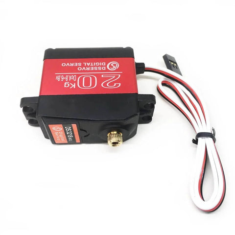 Top view of 20KG Digital Servo High Torque Full Metal Gear Waterproof for RC Model DIY, DS3218MG,Control Angle 270°, showing red casing and wires.