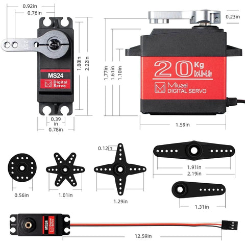 20KG Servo Motor High Torque Digital Servo Metal Gear Waterproof for 1/8, 1/10 RC Model DIY Car Robot, DS3218, Control Angle 270 Degree, shown with metal gears, dimensions, and accessories.