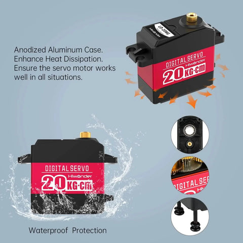 Image showing the anodized aluminum case of the 20KG RC Servo High Torque Servo Motors, Waterproof Full Metal Gear Steering Servo for 1/6 1/8 1/10 1/12 RC Car Robot DIY, Digital Servo with 25T Servo Horn, Control Angle 180°.