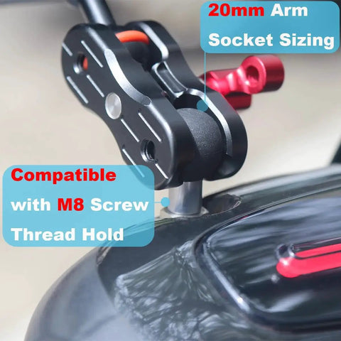 Close-up of 20mm Ball Adapter with M8 Stud for Motorcycle GPS and Dash Cam Mounts, showing TPU coating and stainless steel core