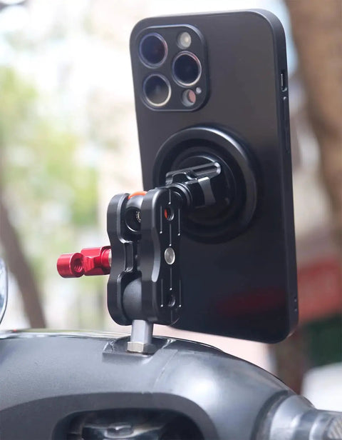 20mm Ball Adapter with M8 Stud for Motorcycle GPS and Dash Cam Mounts installed on a handlebar holding a smartphone securely