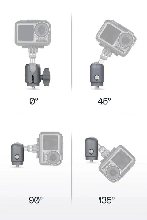 Single Socket Swivel Arm For 20mm Ball Head Adapter With One Quarter Twenty Threaded Screw Compatible With GoPro And Action Cameras showing angle adjustments at 0, 45, 90, and 135 degrees.