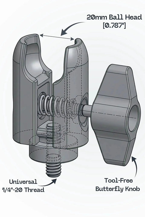Diagram of Single Socket Swivel Arm For 20mm Ball Head Adapter With One Quarter Twenty Threaded Screw, showing ball joint and butterfly knob.