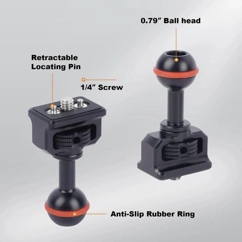 20mm Ball Head Adapter with Quarter Inch Screw and Anti-Slip Ring showing retractable locating pin and ball head.