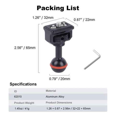 Dimensions and specifications of 20mm Ball Head Adapter With A Quarter Inch Screw And Anti Slip Ring CNC Machined Aluminum