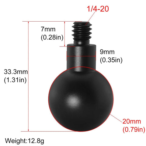 Dimensions of Two Pack 20mm Ball Head Mount With One Quarter Twenty Screw for Cameras, showing 1/4-20 thread and ball size.