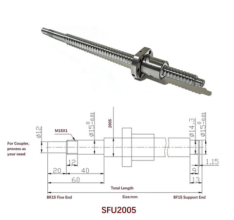 20mm Ballscrew Kit SFU2005 RM2005 Anti-Backlash Ball Screw with technical diagram, 59.06 inch length, 5mm pitch for CNC machines.