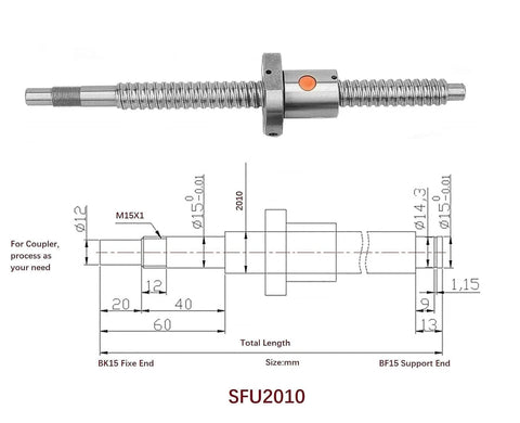 Diagram and photo of ✝️ 20mm Ballscrew Kit SFU2010 RM2010 Anti-Backlash Ball Screw, Length 59.06 inch / 1500mm 10mm Pitch