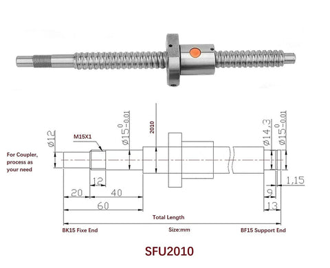 Diagram of 20mm CNC Ballscrew Kit SFU2010 RM2010 with anti-backlash ball screw and technical specifications.
