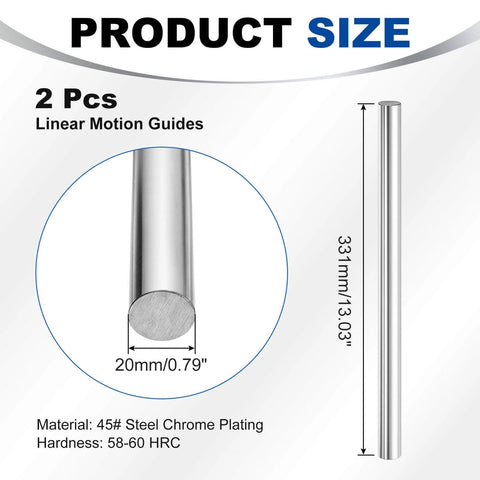 20mm Linear Motion Rods, 2pcs Solid Chrome Plated Steel Shafts 331mm Length, CNC DIY Guide Dimensions and Material Info