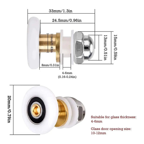 Side and close-up view of 4 Pcs Shower Door Rollers Set 20mm Diameter For Glass Sliding Doors Replacement with measurements.