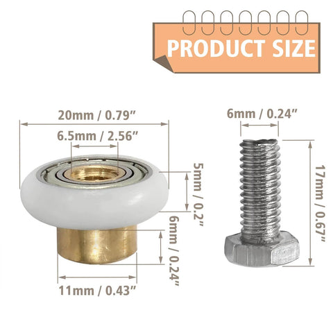 20mm Shower Door Rollers 4PCS Replacement Set for Bathroom Glass Sliding Doors with Smooth Quiet Wheels Copper Stainless Steel and Plastic Build Easy Install Runners with Screws size.