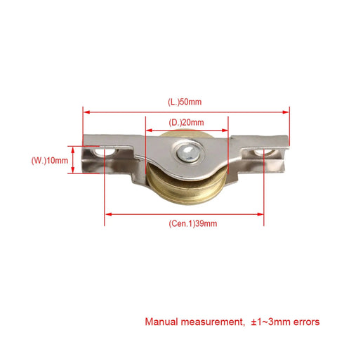 20mm Slotted Sliding Roller Wheel Set For Wardrobes Cabinets Bookcases And Doors With Copper Wheel And Metal Construction For Durable Smooth Sliding Of Furniture And Window Panels Set Of 20 shown with dimensions.