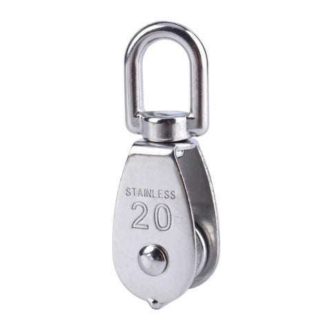 Stainless steel M20 single wheel pulley for wire rope hoisting, built with a 304 stainless steel body, 360 degree swivel wheel.
