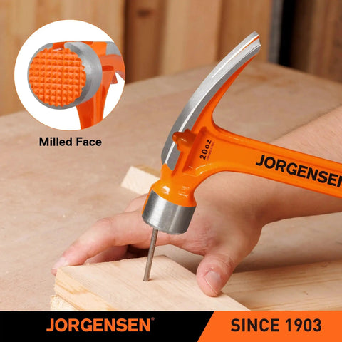 Heavy duty 20 oz straight claw hammer with magnetic nail holder, milled face, and one-piece forged steel build in use
