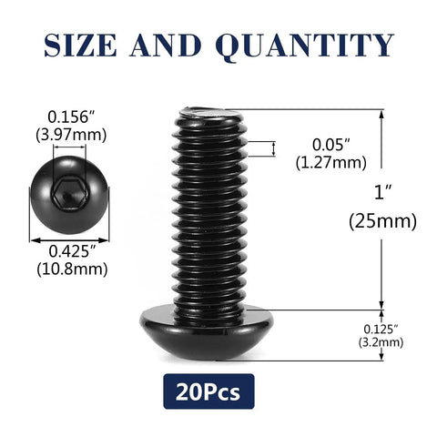Dimensions of 1/4-20 Button Head Socket Cap Screw, 304 stainless steel, black oxide, showing length, head size, and pack of 20 pieces.