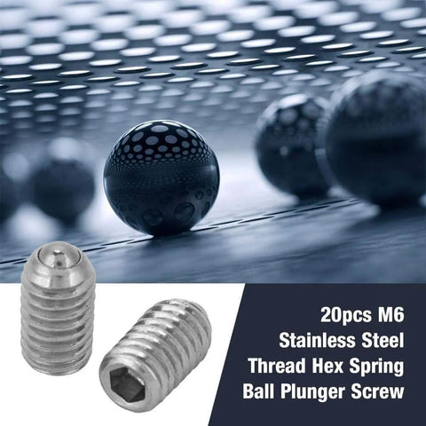Close-up of 20 pack M6 x 10mm stainless steel spring ball plunger screws with hex drive for industrial applications.