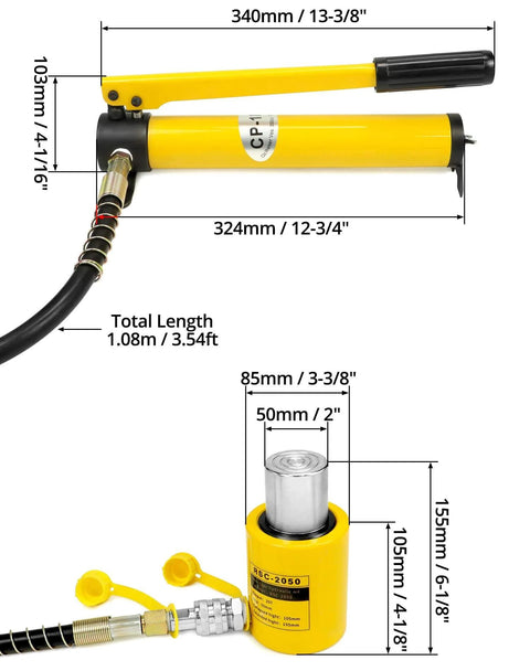 20T Mini Hydraulic Cylinder Jack Porta Power Ram 2" Stroke, CP-180 Manual Hydraulic Hand Pump, Yellow Lifting Tool