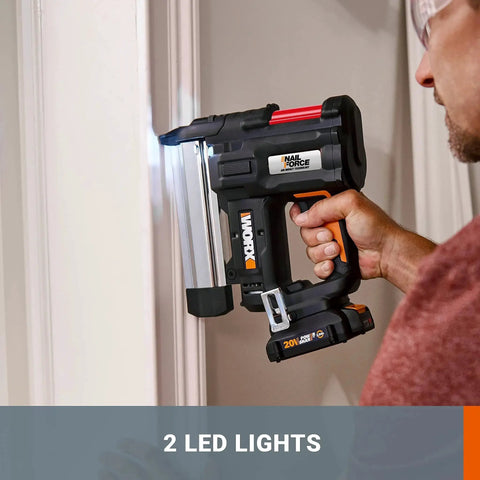 Side view of 20V cordless 2-in-1 brad nailer and stapler for trim, cabinetry, light framing, showing LED work light in use