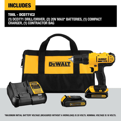 20V Max Cordless Drill Driver Set with Two Speed Transmission, two XR 1.3Ah Li-ion batteries, charger, and contractor bag.