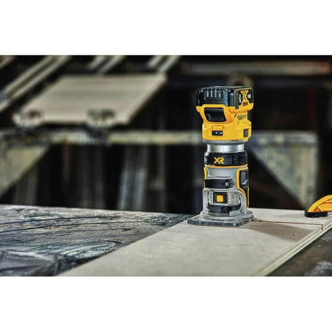 20V Max XR Cordless Brushless Router with Variable Speed Dual LEDs and Precise Depth Adjustment on workbench