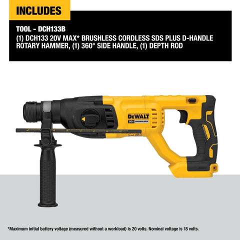 Efficient 20V Max SDS Plus 1 In Rotary Hammer with D-Handle, brushless motor, 2.6 Joules impact energy, side view