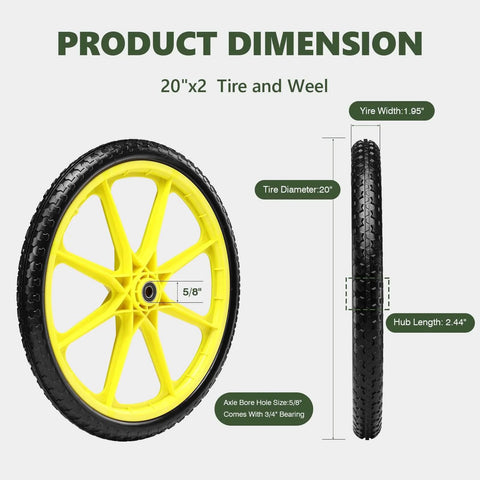 20 Inch Flat Free Tire and Wheel Set of 2 in yellow with solid polyurethane airless design featuring centered hub 20x1.95 dimensions