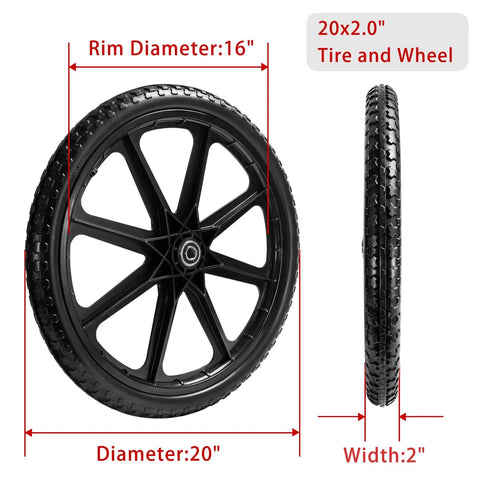 20 Inch Flat Free Tire Cart Wheels Replacement, Solid Rubber Wheel 20x2.0 with rim diameter 16 inches, side view.
