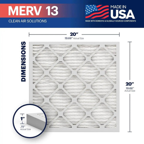 Experience cleaner air with a 6-pack of 20x20x1 MERV 13 electrostatic pleated filters showing dimensions and USA made label.
