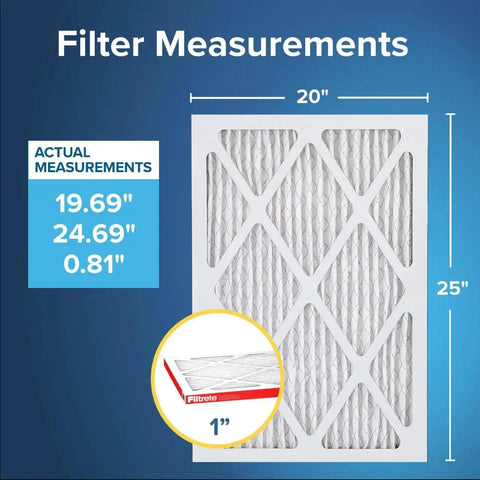 Diagram showing 20x25x1 Pleated Air Filter For AC Furnace MERV 11 MPR 1000 dimensions with measurements 19.69x24.69x0.81 inches