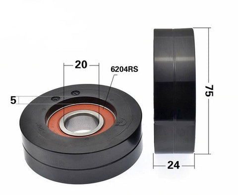 20x75x24mm Polyurethane Wheel Roller Bearing - Black Tire Sliding Guide