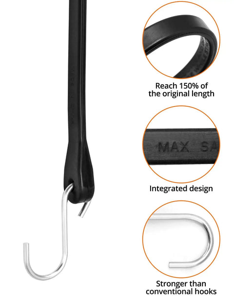 Close-up of 21 Inch Tarp Straps With Hooks 50 Pack Adjustable Rubber Bungee Tie Downs showing stretchability and integrated hook design.