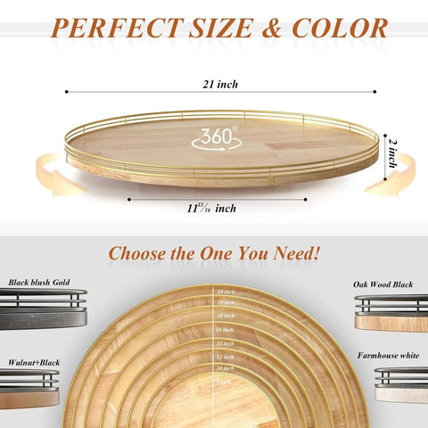 Extra Large 21 Inch Wooden Lazy Susan Turntable with premium oak and iron construction, showing size and color options.