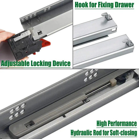 21 Inch Undermount Drawer Slides Full Extension Soft Close Concealed Runners with locking device and hydraulic rod detailed view