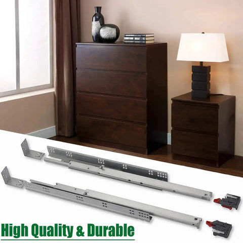 21 Inch Undermount Drawer Slides Full Extension Soft Close Concealed Runners For Heavy Duty Furniture Drawers Up To 75 Lbs Now With Durable Steel Construction And Smooth Silent Operation Includes Mounting Screws And Brackets 1 Pair next to dark wood dresser and lamp