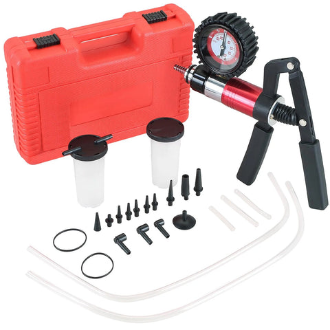 DASBET 21PCS handheld vacuum pressure brake bleeder kit with gauge, red case and assorted adapters