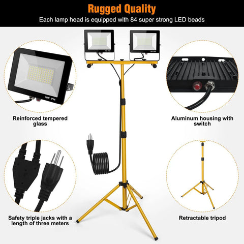 21000 Lumen LED Work Light With Stand, Dual Head Adjustable, Waterproof Foldable Tripod, Extended Cord, 6500 Kelvin Cool White Lighting