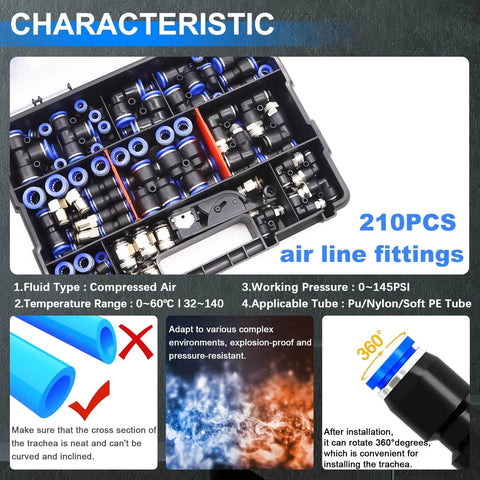 210 Piece Pro Grade Quick Connect Air Fittings Kit For 1/8 1/4 5/16 3/8 1/2 And 4 6 8 10 Mm OD Push To Connect Fittings