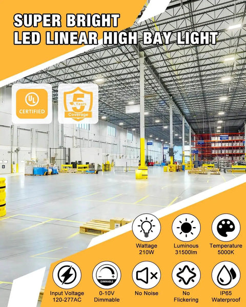 Ultra Bright 210W LED Linear High Bay Light Delivers 31500 Lumens For Industrial Shops Warehouses And Garages 120 277V UL Listed White Four Pack JC-LGL