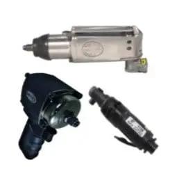 Assorted pneumatic tools including a heavy duty hand riveter, impact wrench, and air ratchet for various fastening applications.