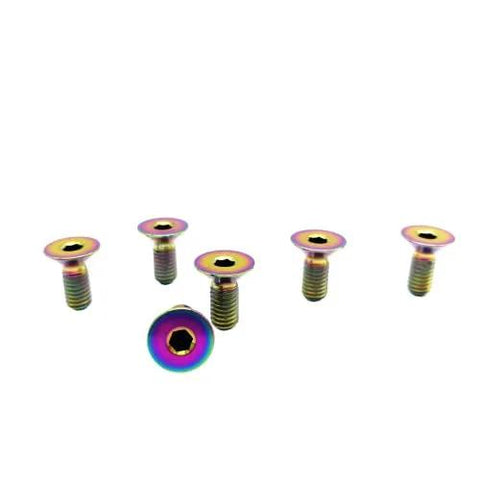 Six-piece M5x12mm Titanium Steering Wheel Bolts Kit with rainbow finish, countersunk flat head screws for car steering wheel.