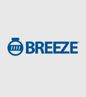 Breeze logo on gray background, featuring round design with horizontal stripes next to text