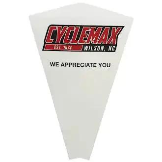 Cyclemax Wilson NC white triangular sign with red logo and 'We Appreciate You' text.