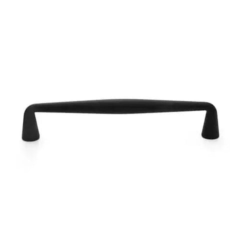 Single matte black cabinet handle, part of a 10 Pack Matte Black Cabinet Handles With 5 Inch Hole Center Solid Zinc Alloy Drawer Pulls.