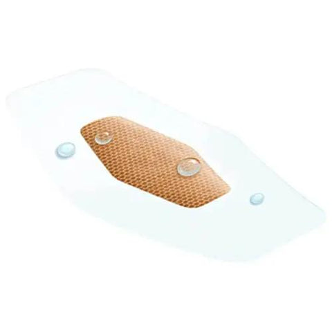 Close-up of Waterproof Clear Bandage with 360 Degree Seal, showing water droplets, part of 100 Count Assorted Sizes pack for wound protection.
