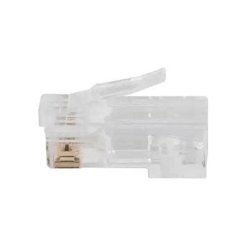 Side view of a clear Modular Data Plug For CAT6A And Thicker CAT6 Cables, No Fuss Fast Pass Thru Install, Ethernet Connector for quick drops.