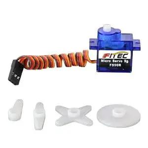 Five Pack 9g Micro Servo Motors With Plastic Shell, 360 Degree Continuous Rotation shown with accessories and cable