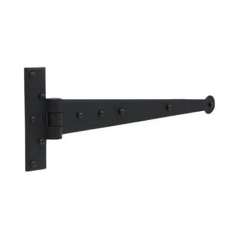 Side view of Bean Head Strap Hinges In Wrought Iron Hardware 15 Inch Pair With Hammered Edging And Black Powder Coat Finish, Colonial Style.